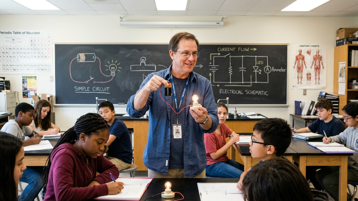 Science teacher starting with a simple wire circuit before explaining complex electricity concepts