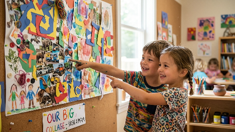 Two children collaborating on a colorful art project showing social development through arts and craft education

