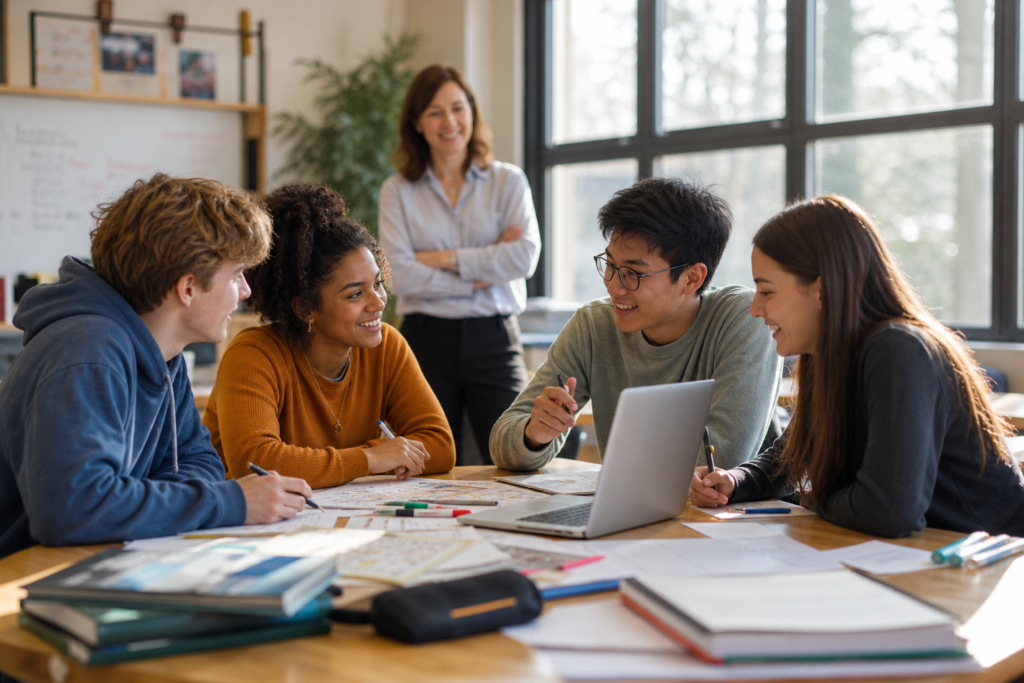Students collaborating on a project as part of student-centered teaching methods in a modern classroom