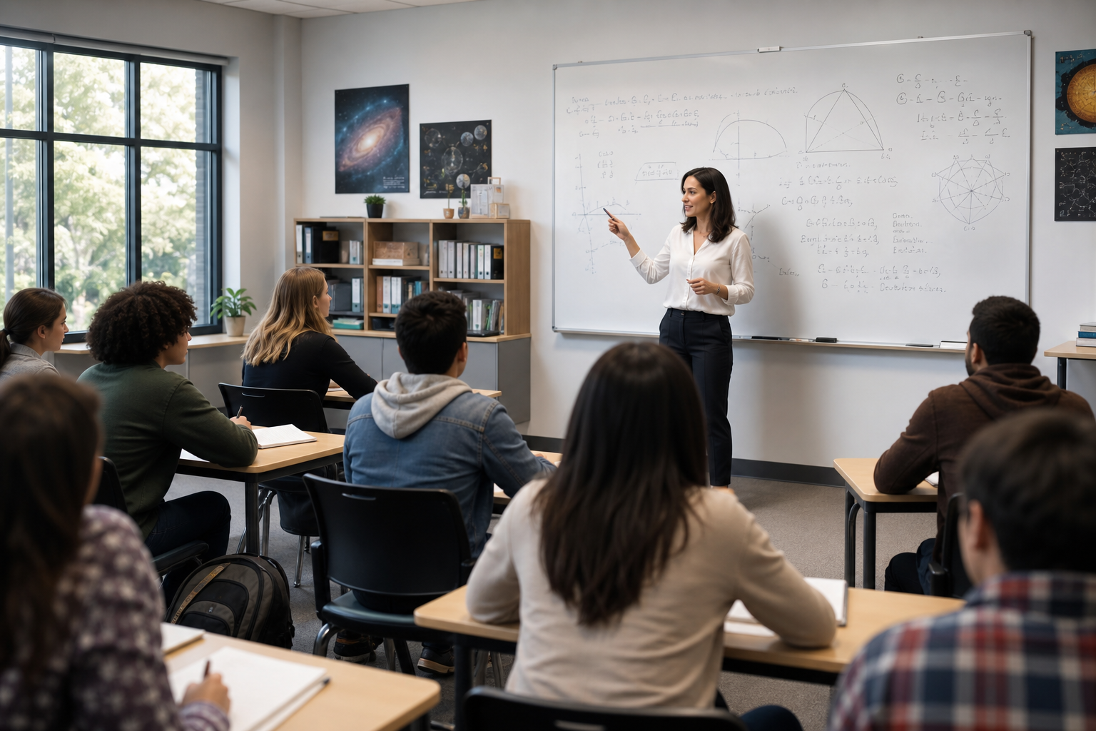 A teacher standing at the front of a classroom using teacher-centered teaching methods to deliver a lesson