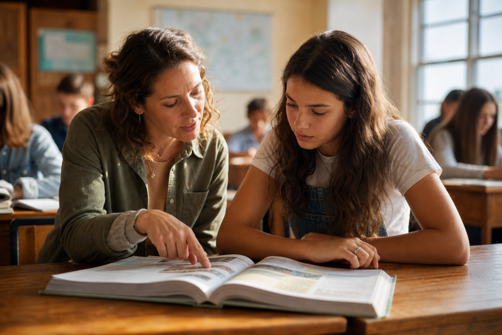 Teacher applying principles of teaching during an interactive classroom activity with students