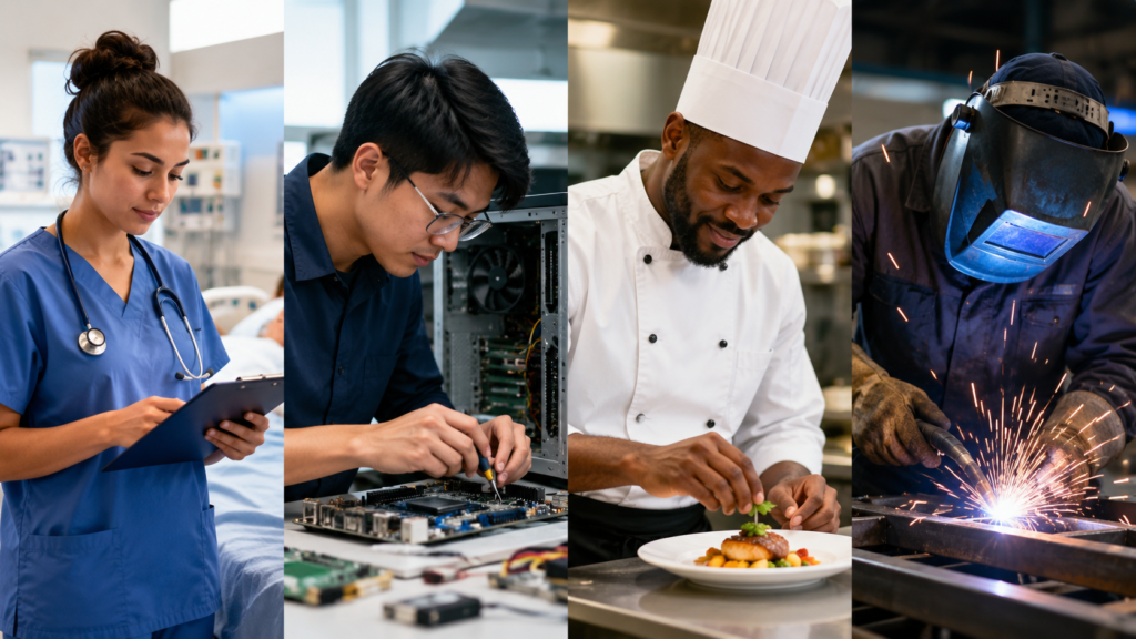 Collage showing diverse vocational education careers including healthcare, IT, culinary arts, and skilled trades