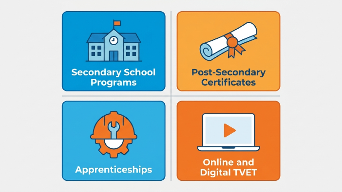 Four types of vocational education programs shown as icons representing school, apprenticeship, community training, and online learning