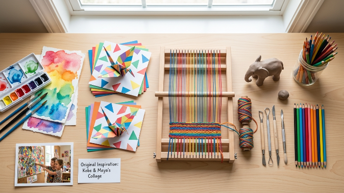 Flat lay of diverse arts and craft education materials including paint, origami, weaving, clay, and pencils