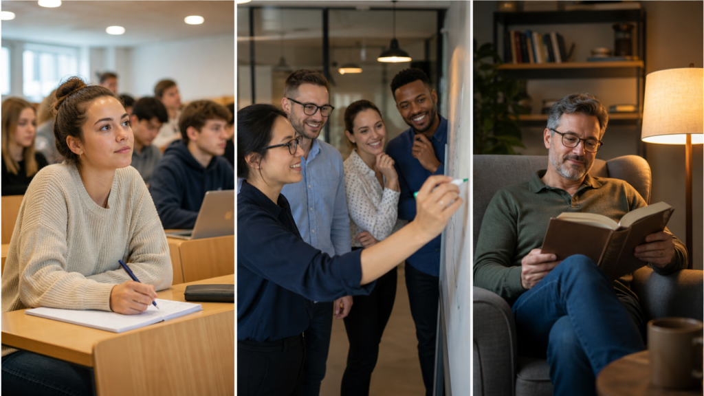 Three people at different life stages engaged in lifelong learning
