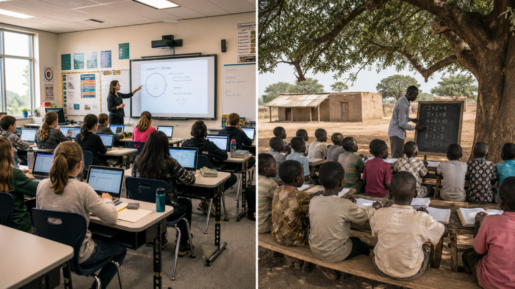Side by side comparison showing education access gap between wealthy and low income countries