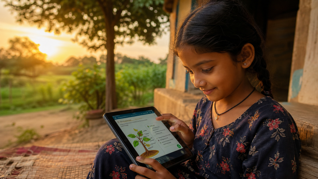 Child in rural area using tablet for learning showing technology as a solution for universal education