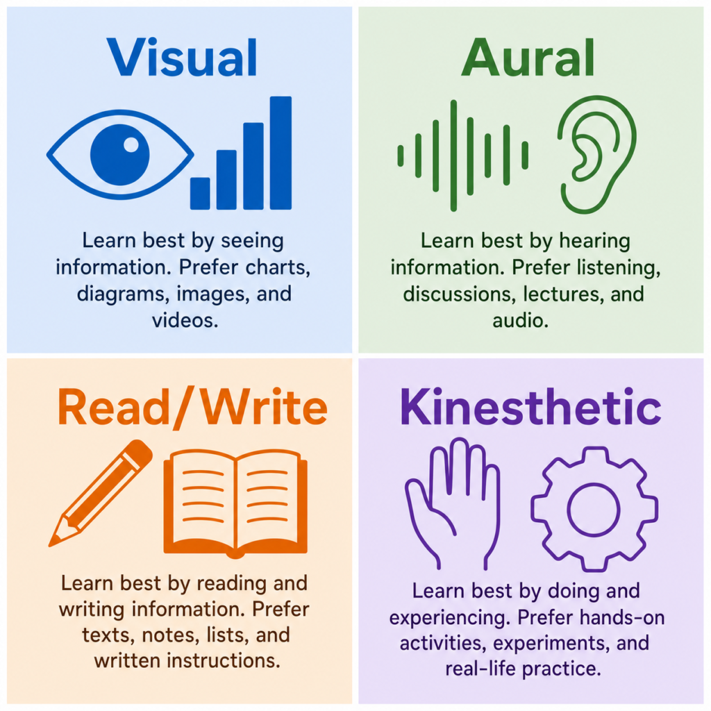 VARK model diagram showing visual aural read write and kinesthetic learning styles