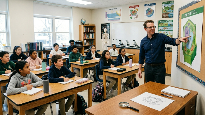 Biology teacher showing a complete plant cell diagram before explaining individual parts