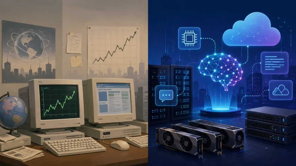 Split-screen illustration of dot-com bubble versus AI boom