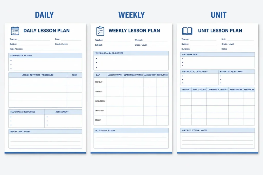 Preview of daily, weekly, and unit lesson plan templates in Word, Google Docs, and PDF