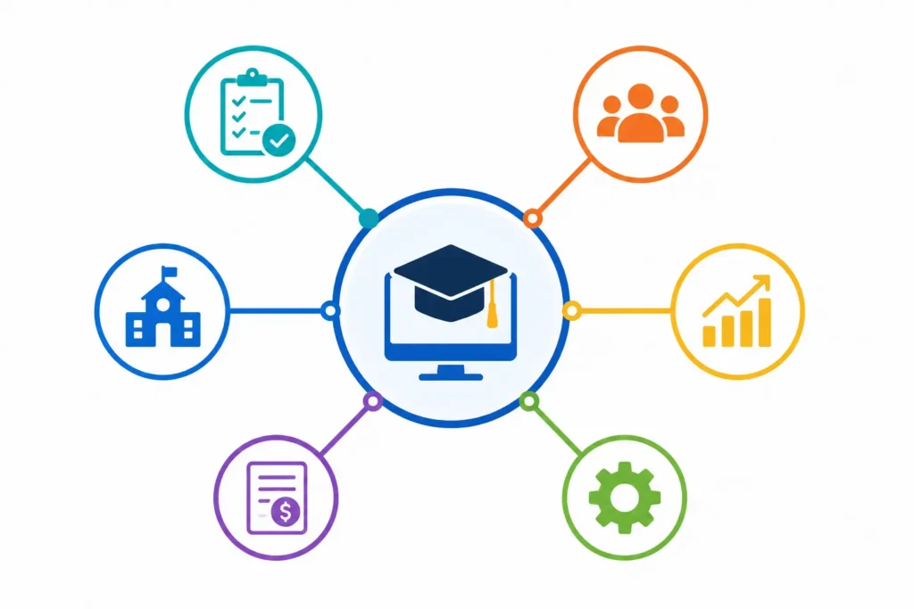An infographic showing an ERP central database connecting finance, human resources, operations, and school data.