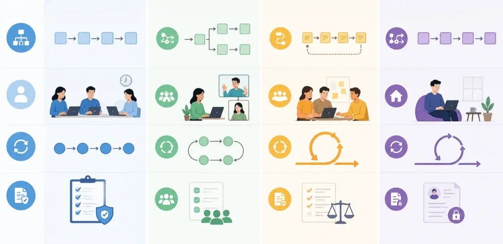 Side by side chart comparing Ewmagwork, Agile, Scrum, and traditional HR by workflow, structure, and team fit