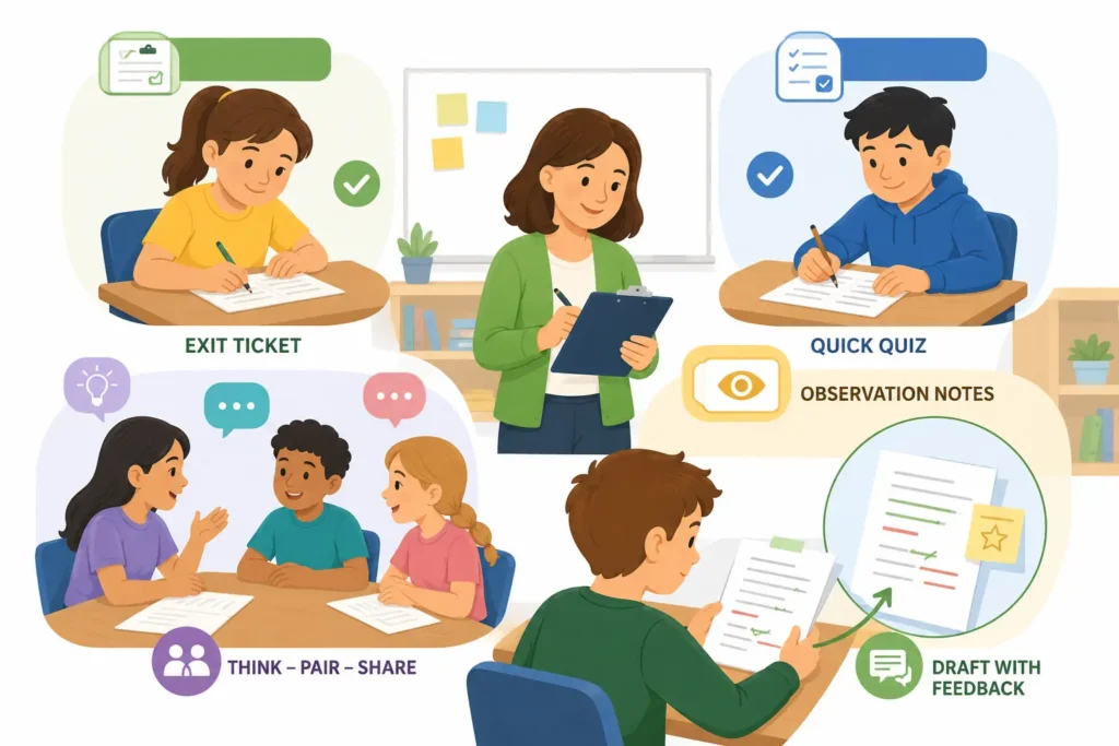 Formative assessment examples including exit tickets and classroom checks