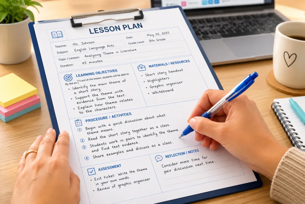Teacher filling out a lesson plan template step by step with a pen.