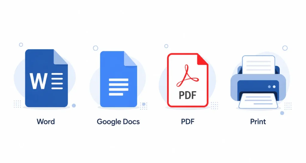 Lesson plan template formats shown as Word, Google Docs, PDF, and print icons.