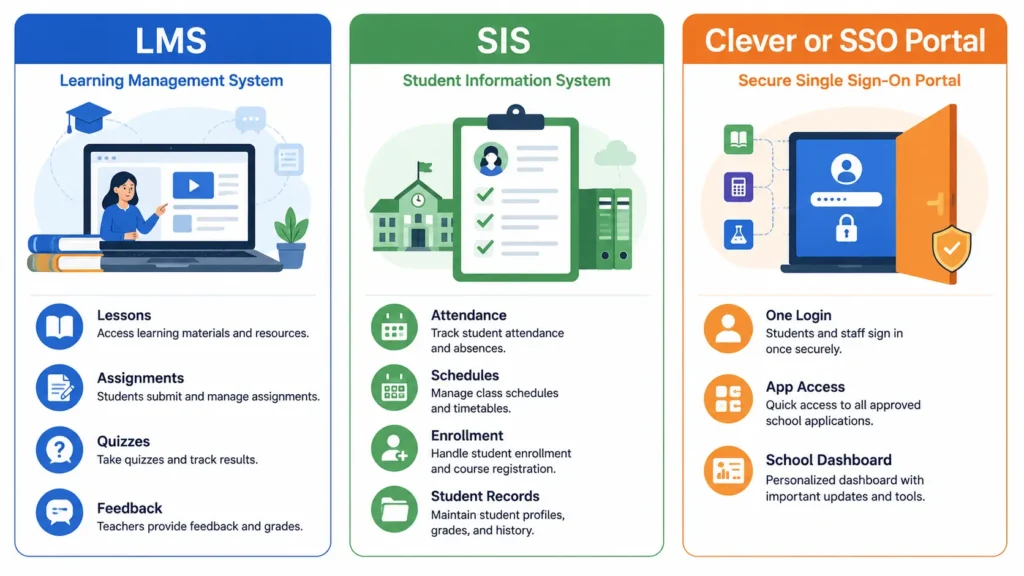 Comparison of LMS, student information system, and Clever single sign-on portal
