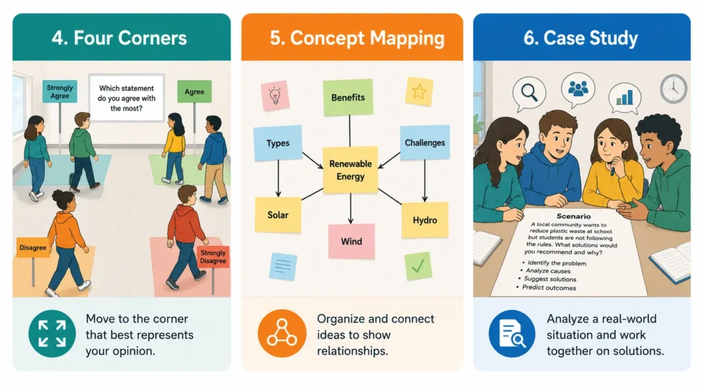 Medium-length active learning strategies: Four Corners, Concept Mapping, Case Study Analysis