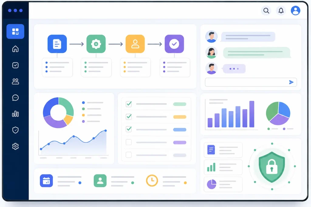 RCSDASSK software features dashboard showing automation, reporting, collaboration, and security tools.