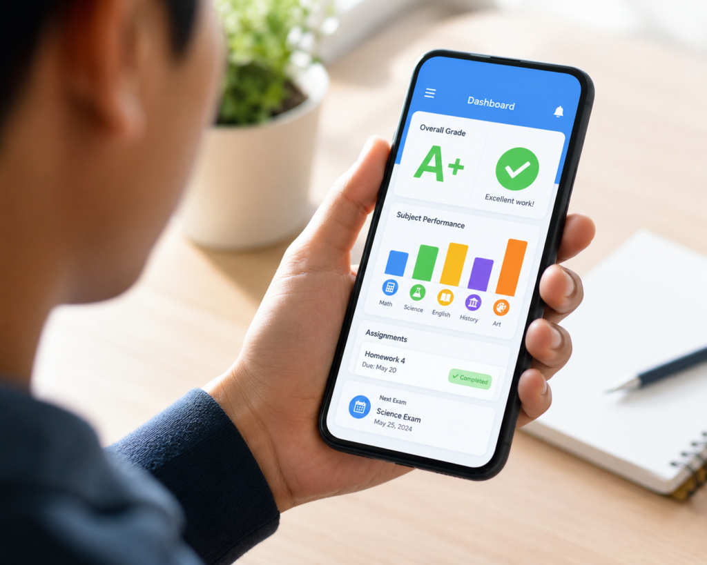 A parent holding a smartphone displaying a school app with grades and attendance, connected digitally to a school building.