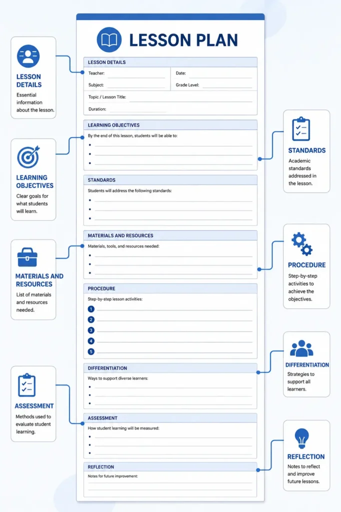 Diagram of the parts of a lesson plan template: objectives, materials, procedure, assessment, reflection.