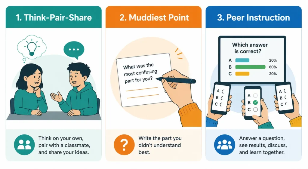 Quick active learning strategies: Think-Pair-Share, Muddiest Point, Peer Instruction with polling apps