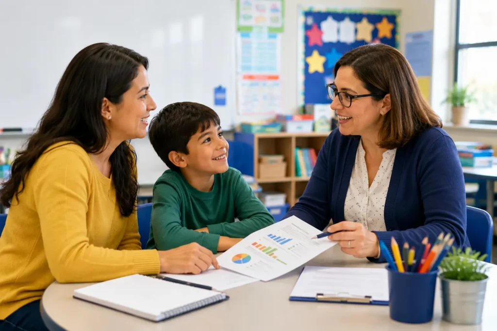 Parent and teacher discussing SC READY student score results
