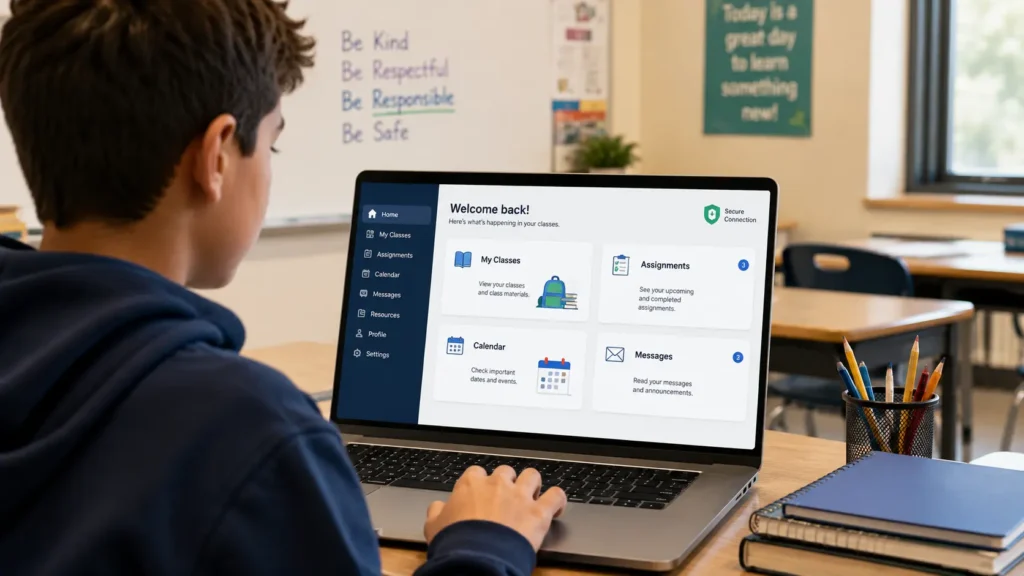 Student logging in to a school learning management system on a Chromebook