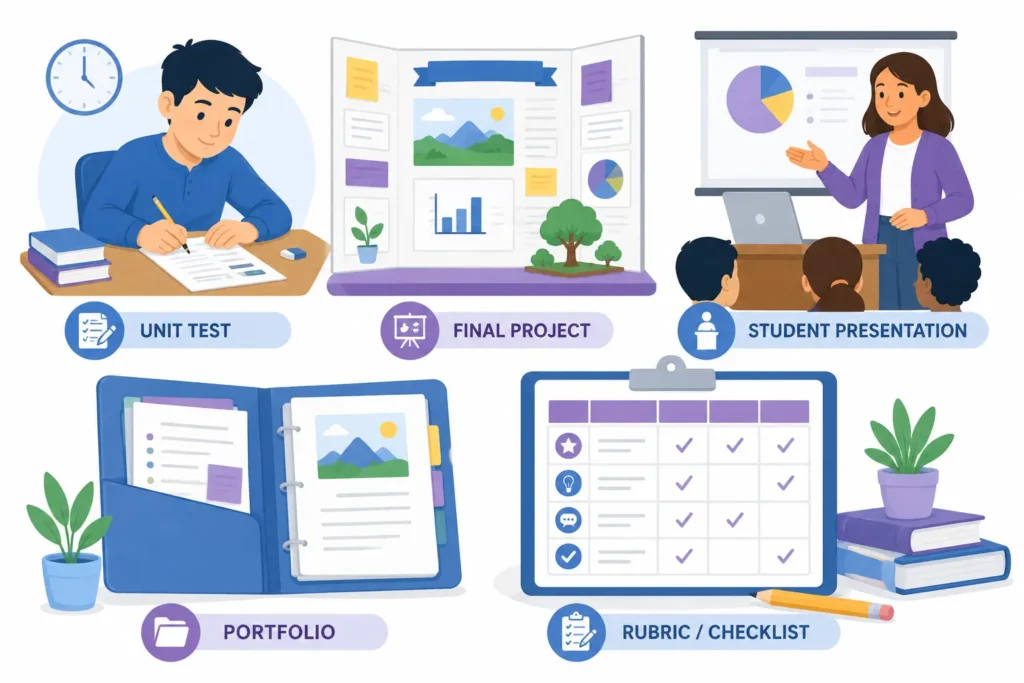 Summative assessment examples including unit tests and final projects