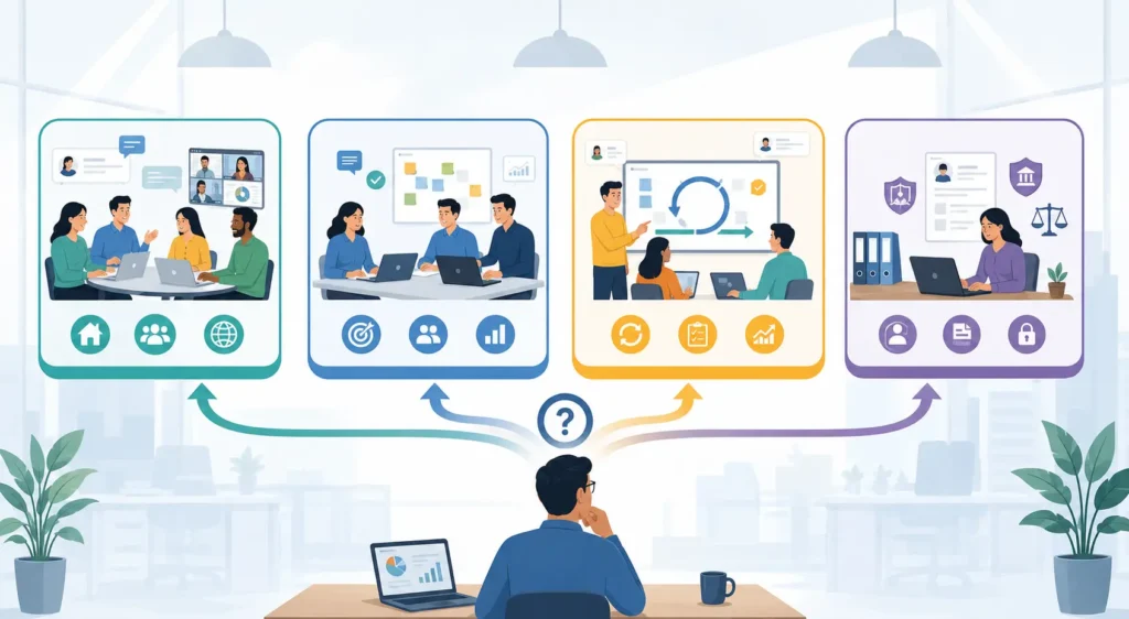 Different team types choosing between Ewmagwork, Agile, Scrum, and traditional HR based on work needs


