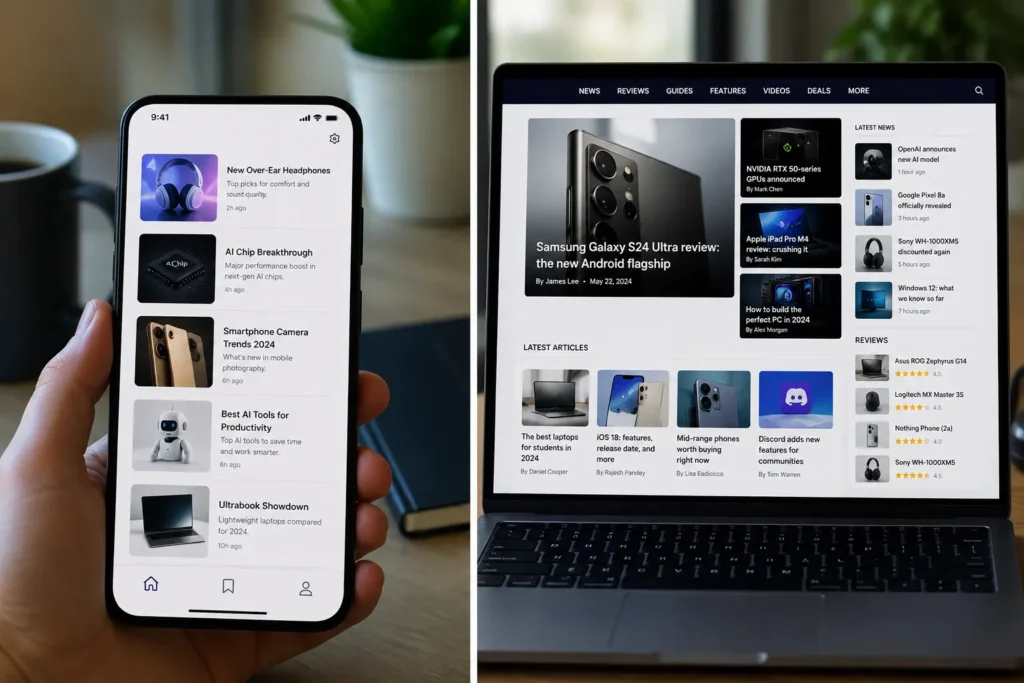 Simple tech discovery feed next to a dense traditional tech blog layout