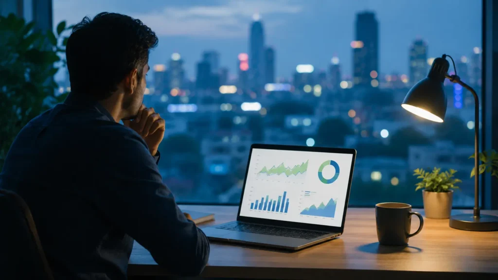 Person calmly reviewing AI bubble data on a laptop