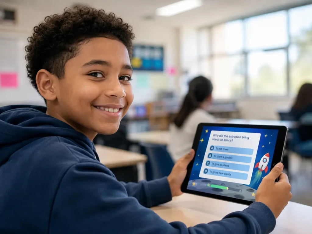 Middle school student using Liftoff adaptive reading intervention on a tablet in a classroom setting
