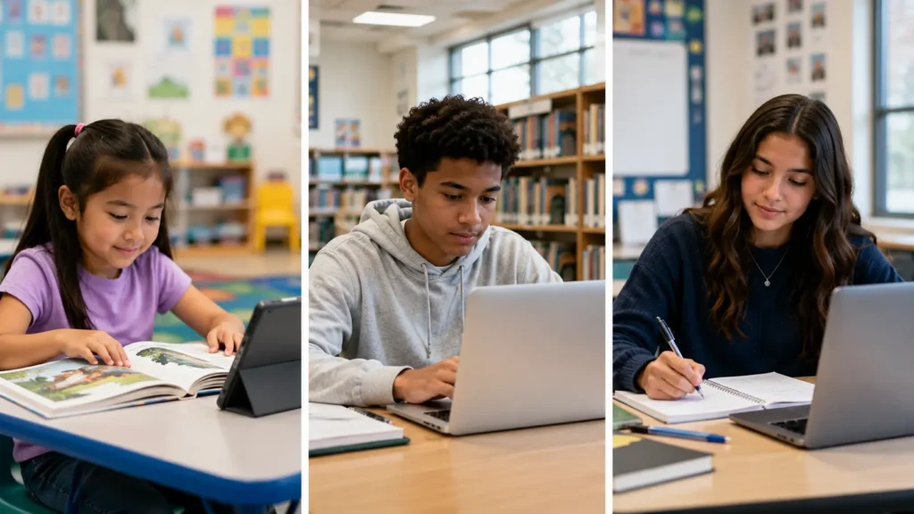 K-12 students at three grade levels using Progress Learning reading tools from elementary through high school