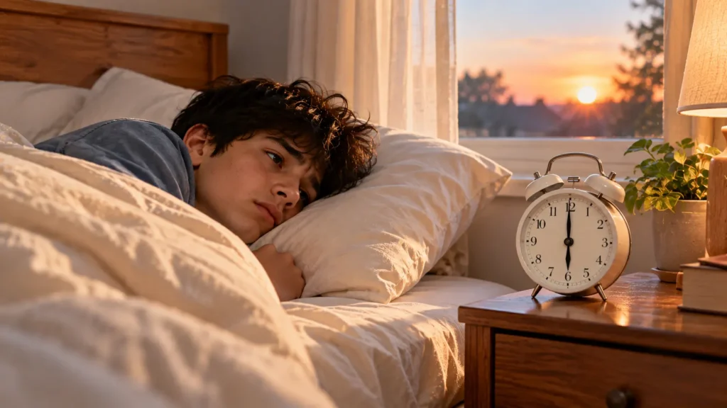 Person looking tired in bed next to alarm clock showing effects of daylight saving time on sleep