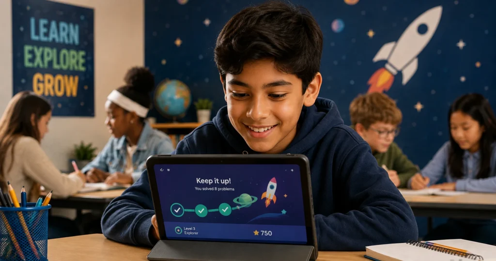 Middle school student using Liftoff adaptive math intervention on a tablet