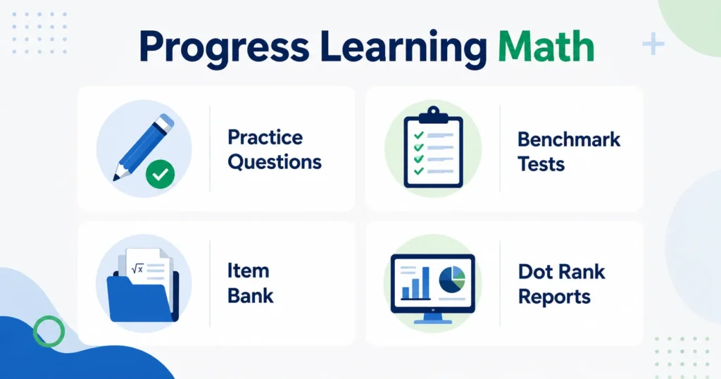 Infographic showing Progress Learning math practice, benchmark tests, item bank, and dot rank reporting