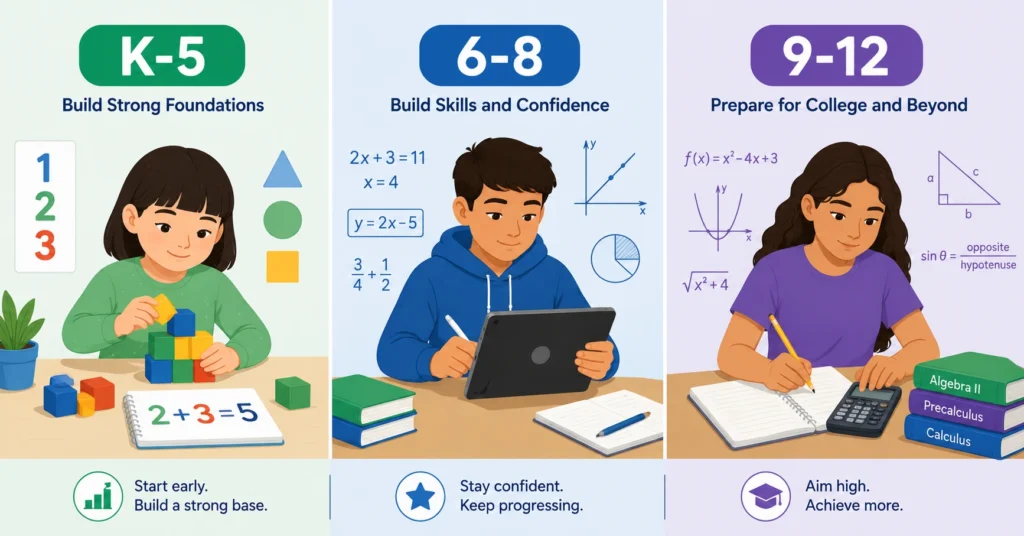 Progress Learning math grade level breakdown for elementary, middle, and high school students