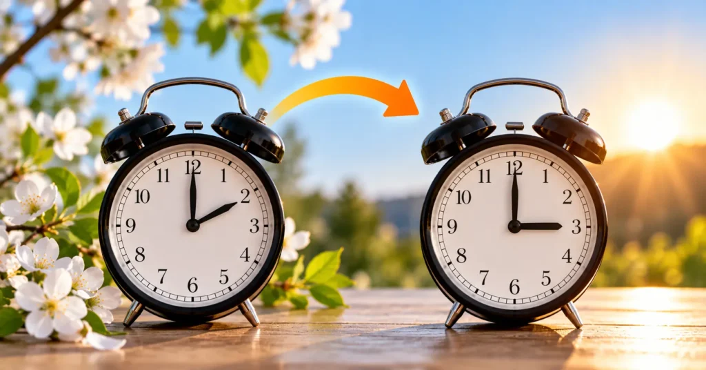 Two clocks showing spring forward from 2am to 3am for daylight saving time