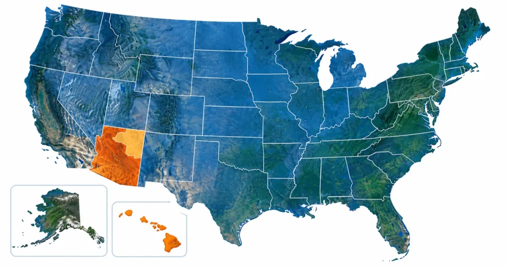 US map showing states that do not observe daylight saving time including Hawaii and Arizona