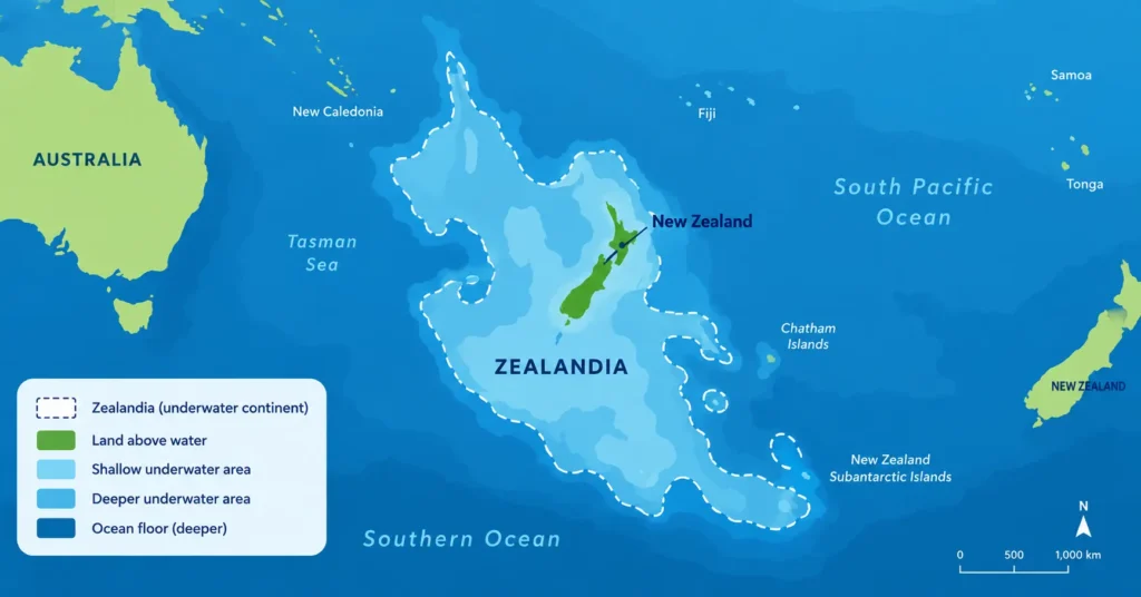 Map showing Zealandia, the mostly underwater landmass proposed as an 8th continent
