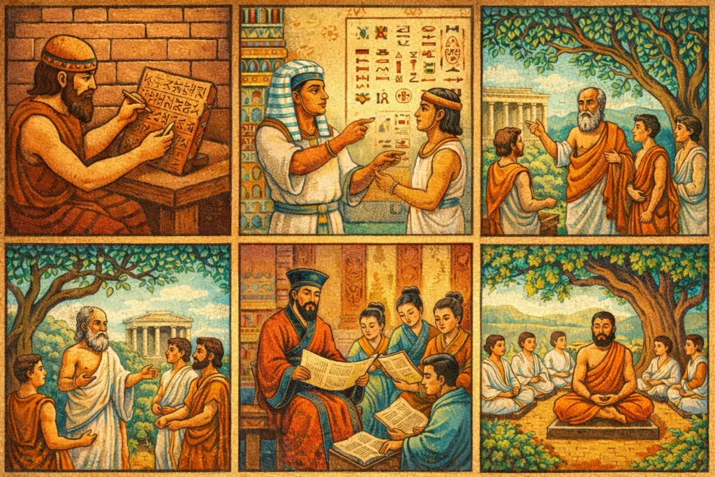 Ancient education scenes from Mesopotamia, Egypt, Greece, China, and India showing scribes, philosophers, and Gurukul teachers