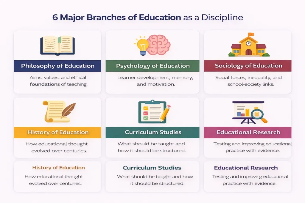Infographic showing six major branches of education as a discipline including philosophy psychology sociology and curriculum studies