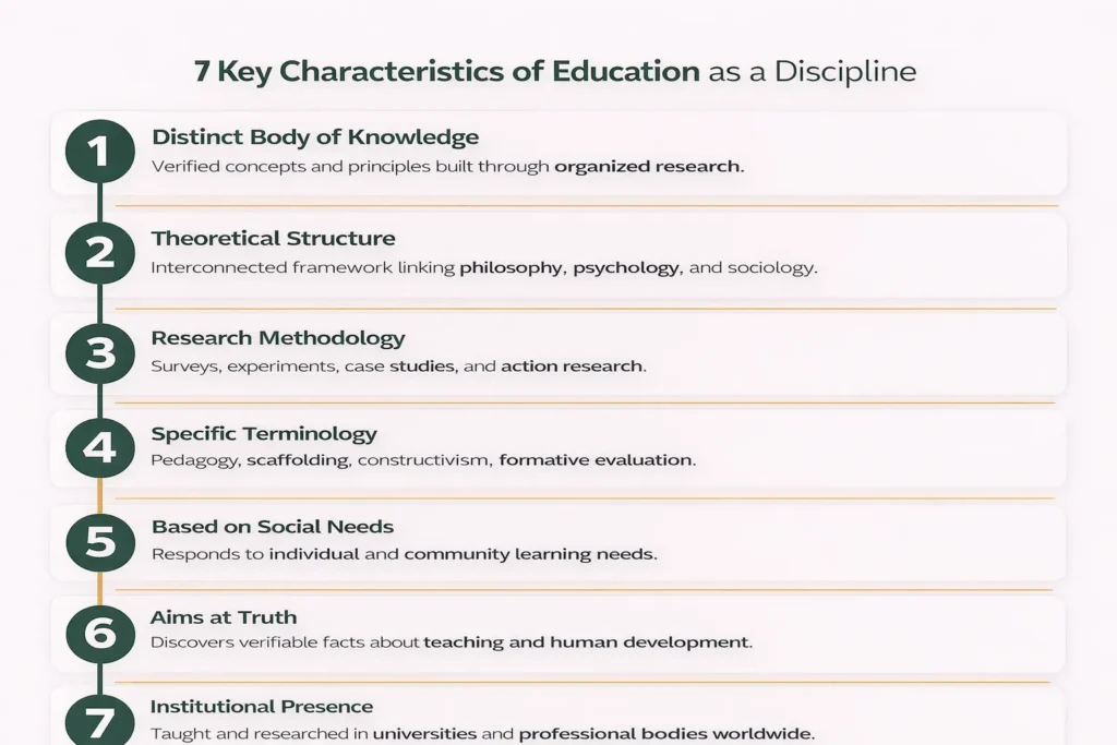 Infographic listing seven key characteristics of education as a discipline including research methodology and institutional presence