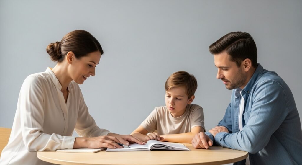 Teacher and parent sitting together with a student reviewing a transition support plan representing strategies to support students through educational transitions