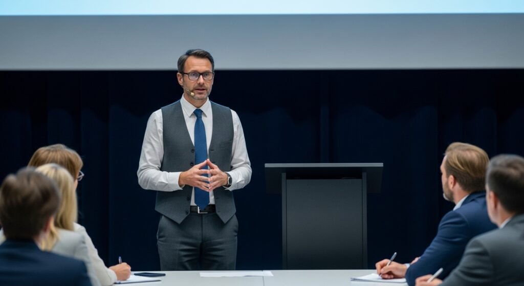 Academic researcher presenting findings at a university conference representing education as a recognized formal academic discipline