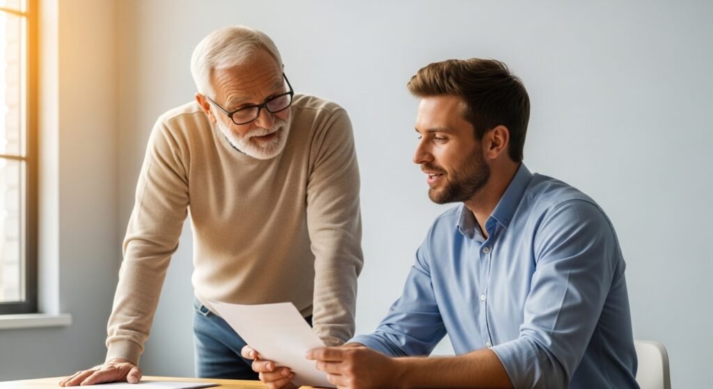 Adult learning from a mentor in a workplace setting representing the difference between education and schooling as lifelong processes