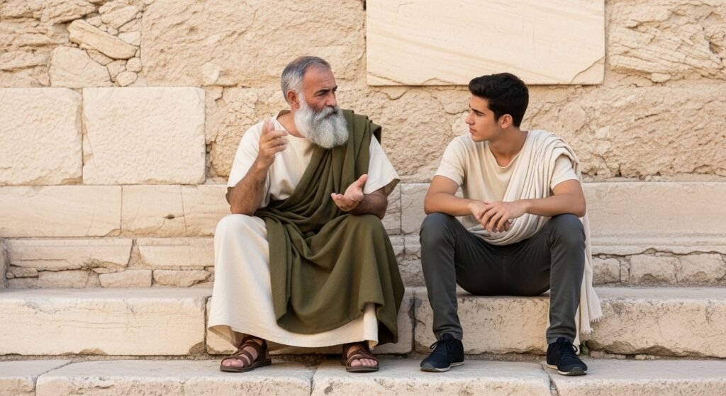 Ancient Greek philosopher guiding a young student outdoors representing the Greek origin of education through paideia
