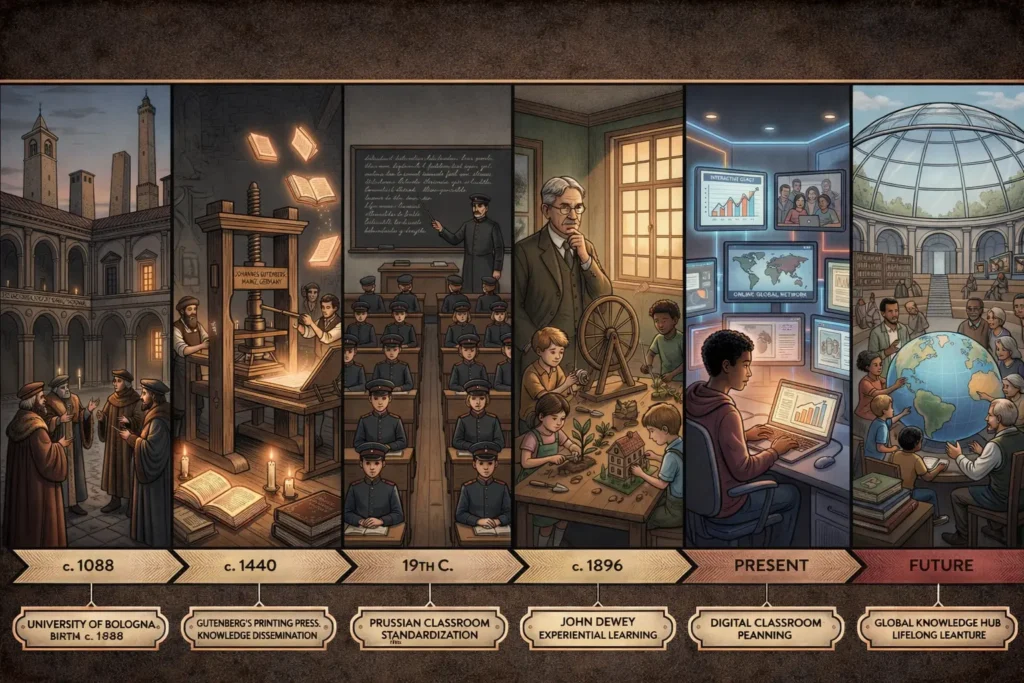 ey milestones in formal education history including medieval universities, Gutenberg's printing press, and the Prussian school system