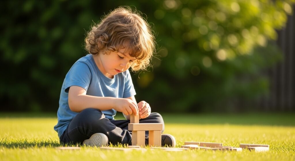 Child learning independently through hands-on activity outdoors representing the individual aim of education and child-centered development